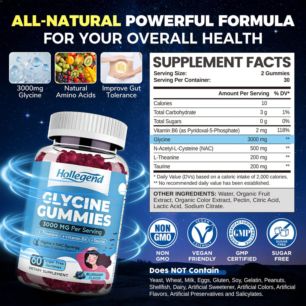 HOLLEGEND Glycine 3g gummies closeup highlights blueberry flavor and gentle digestion.