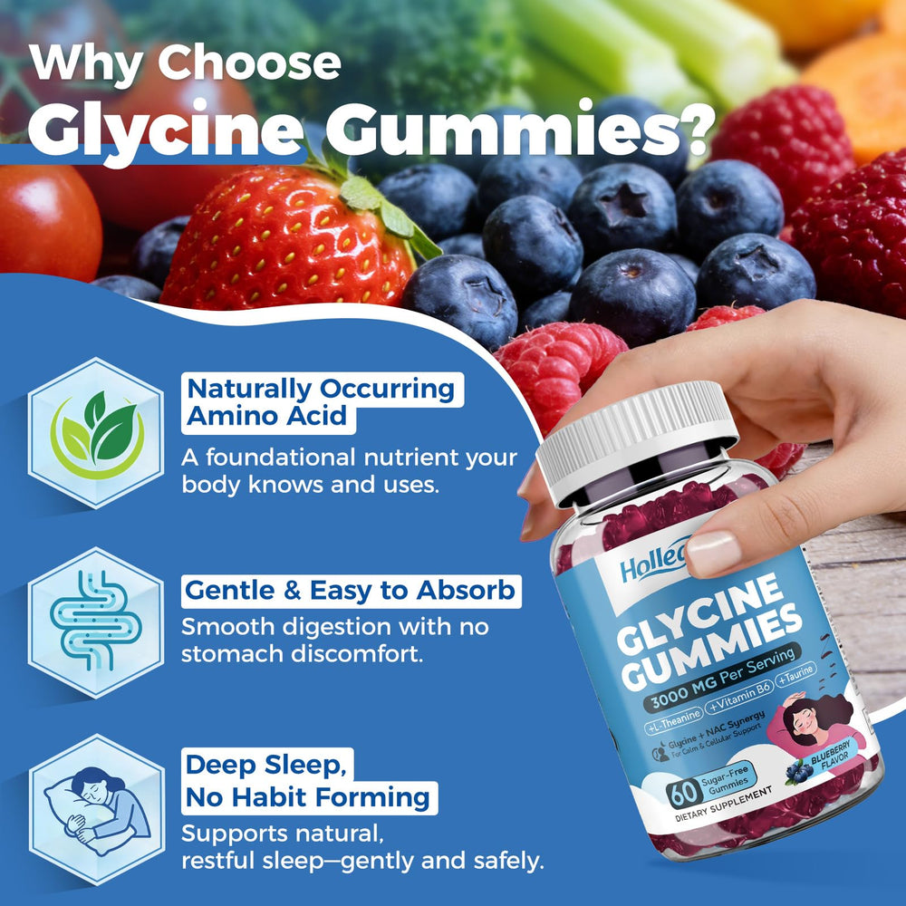HOLLEGEND Glycine 3g gummies with NAC and L-Theanine icons illustrate immune support potential.