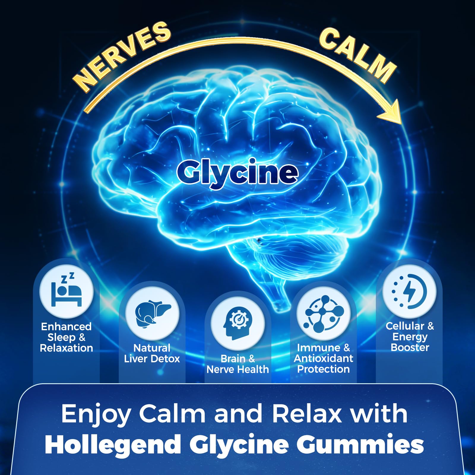 HOLLEGEND Glycine 3g gummies vegan, non-GMO, gluten-free packaging shown.