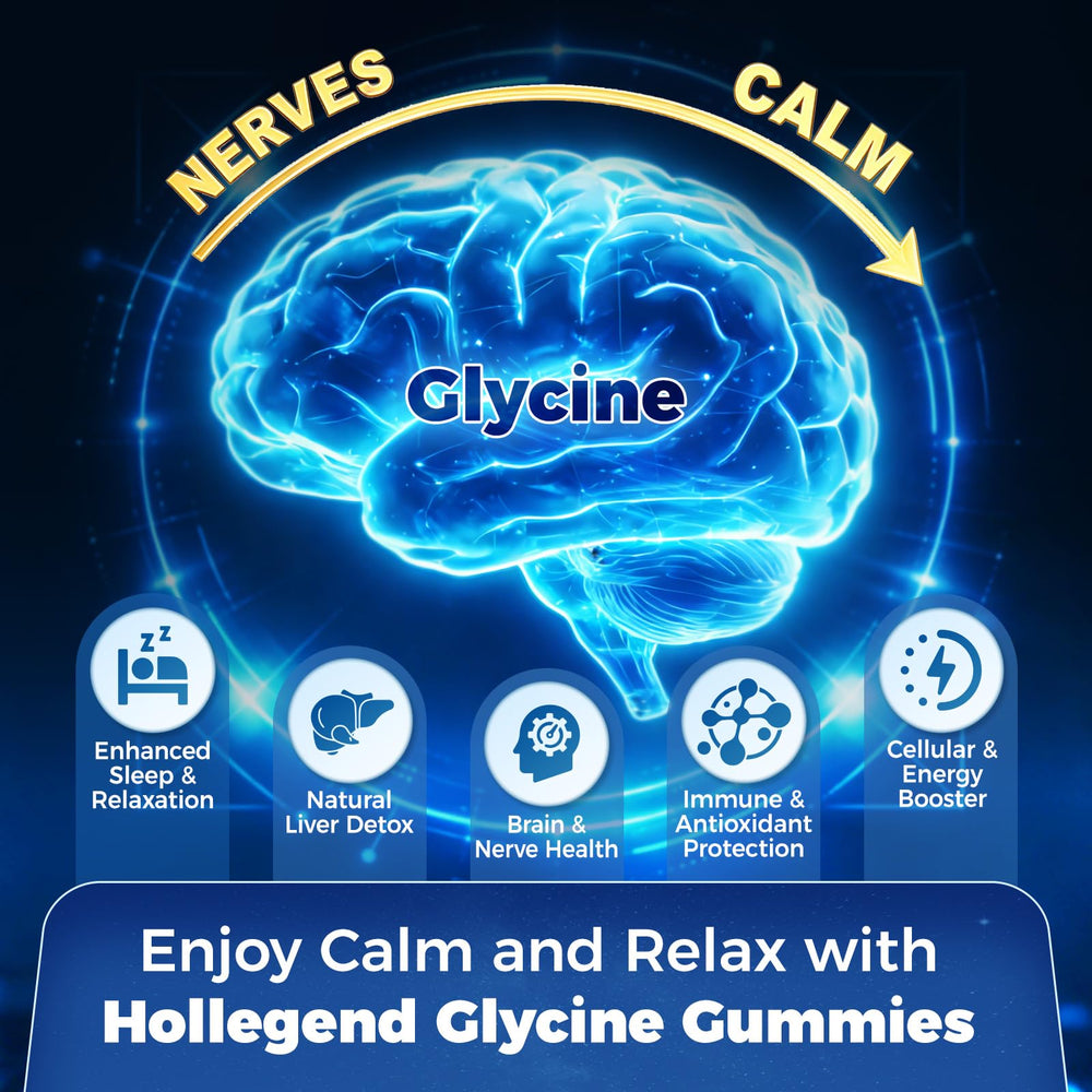 HOLLEGEND Glycine 3g gummies vegan, non-GMO, gluten-free packaging shown.
