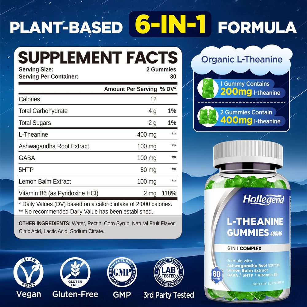 HOLLEGEND L-Theanine Gummies ingredients panel focused to emphasize 6-in-1 formula