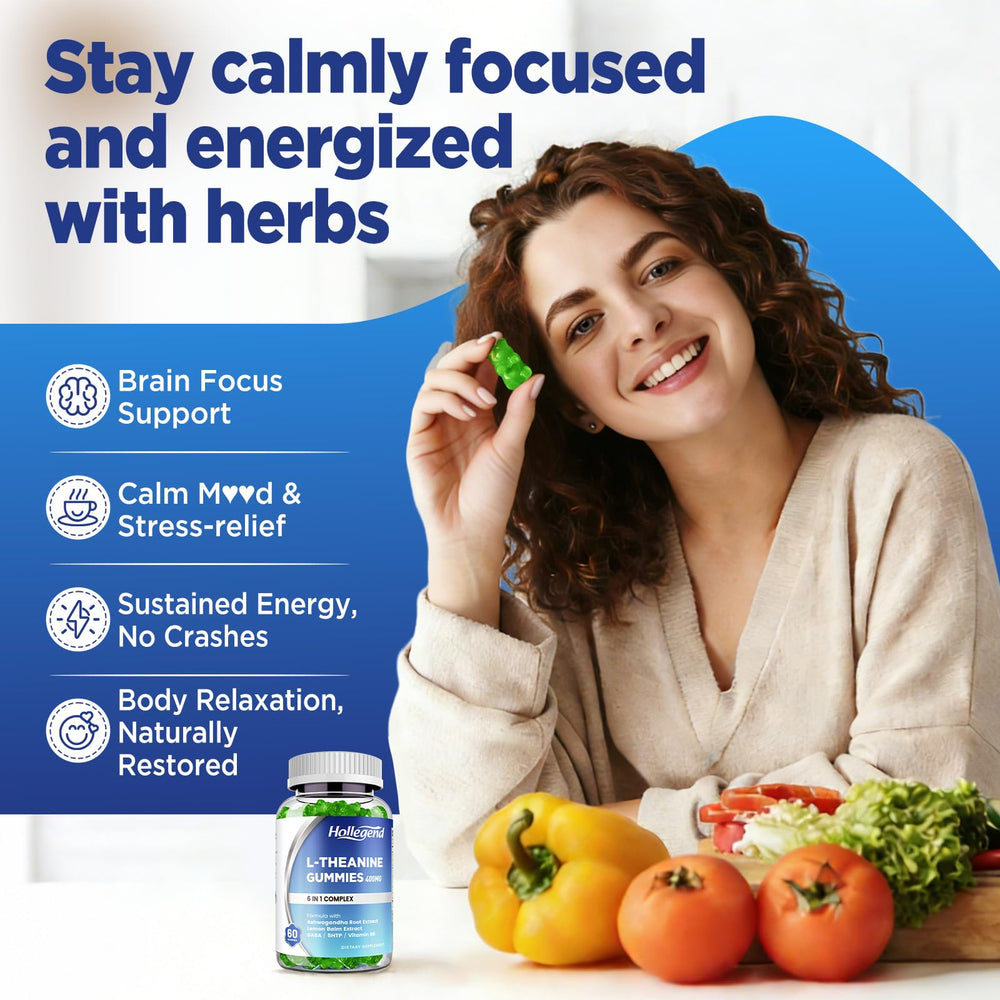 HOLLEGEND L-Theanine Gummies packaging with vegan label communicates plant-based choice