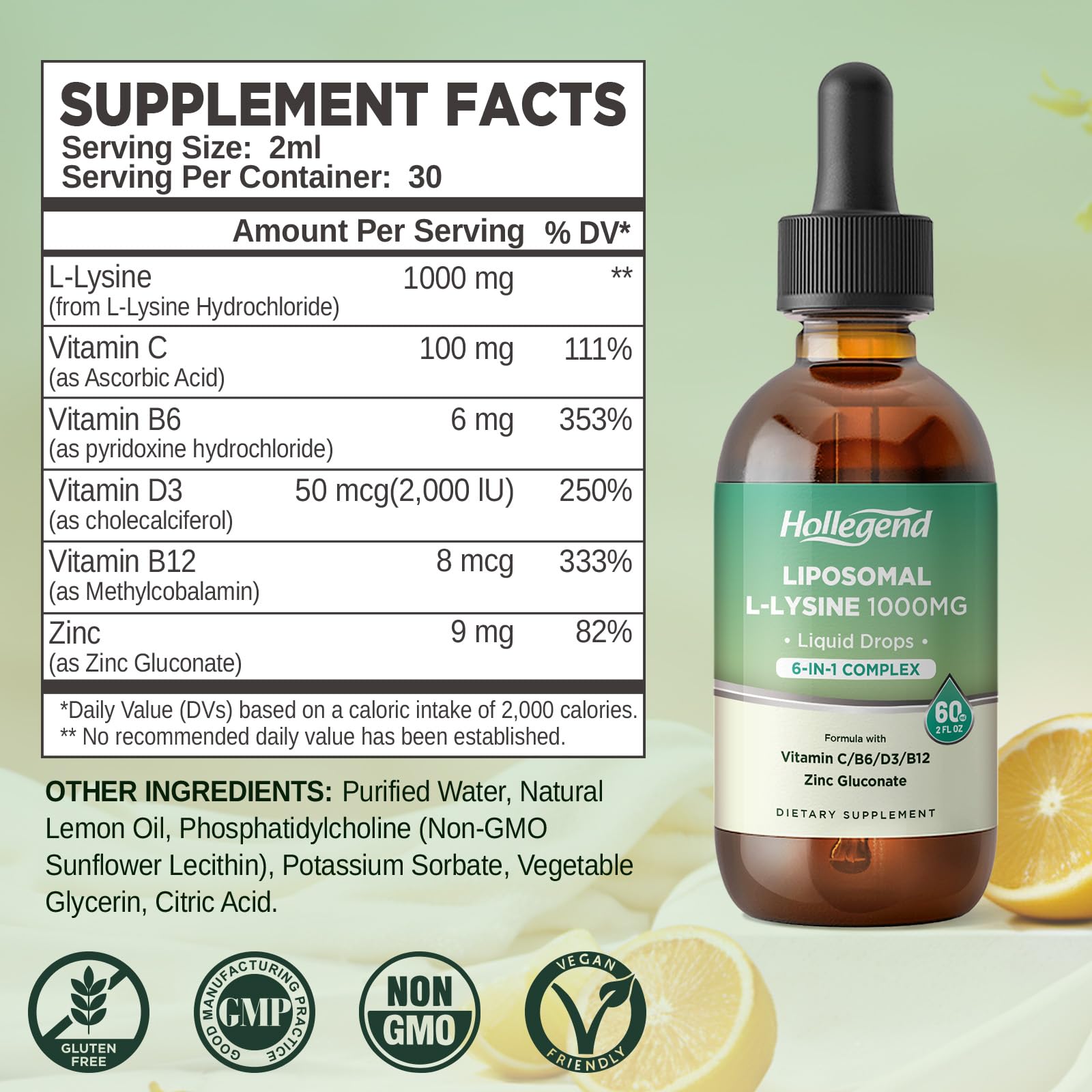 HOLLEGEND Lysine Drops label showing dosage and ingredients for informed use