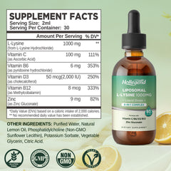 HOLLEGEND Lysine Drops label showing dosage and ingredients for informed use