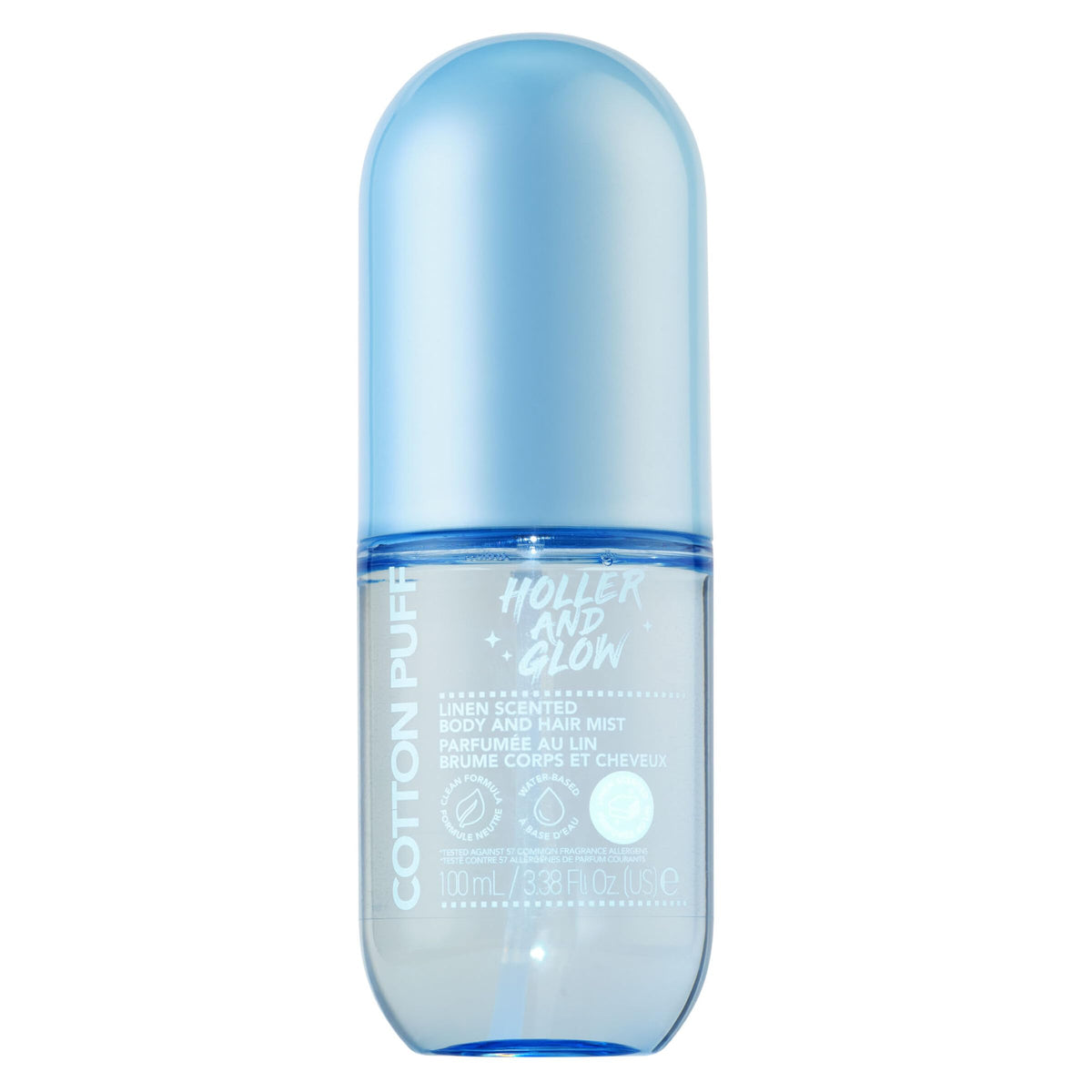Holler And Glow cotton puff mist bottle close-up for everyday freshness.