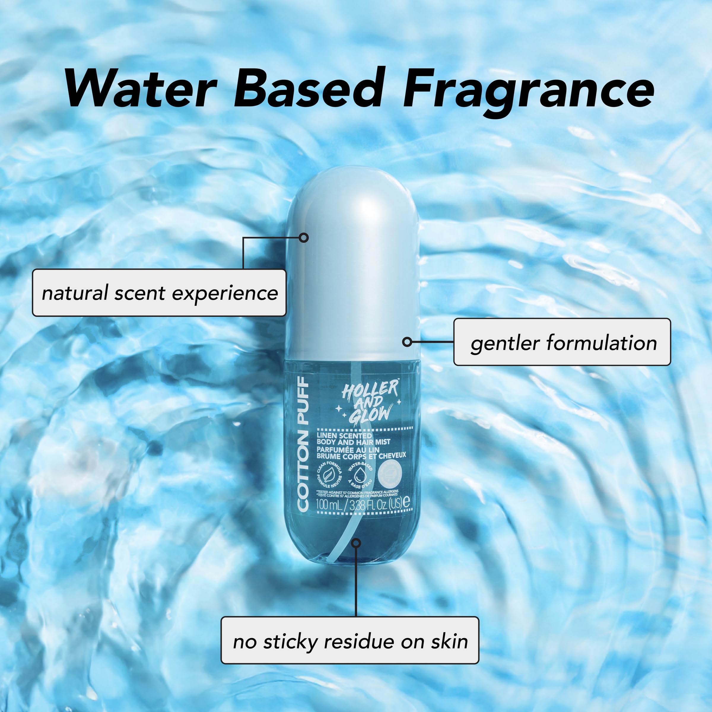 Holler And Glow mist on skin and hair for light daily refreshment.