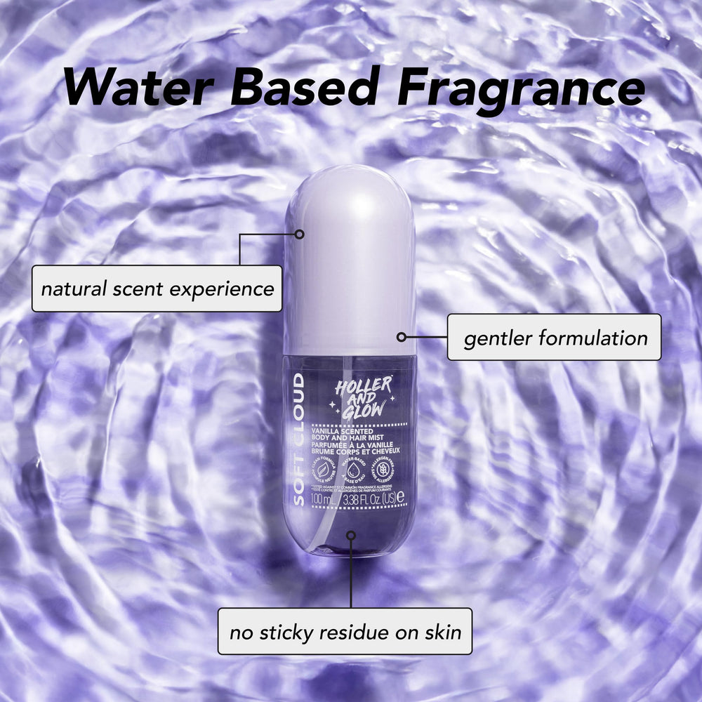 Holler And Glow Mood Mist bottle shows long-lasting scent in action.