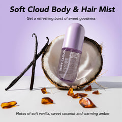 Holler And Glow Soft Cloud bottle beside pastel packaging, offering a light clean fragrance.