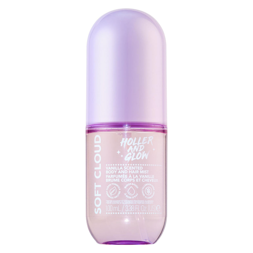 Holler And Glow Soft Cloud Mist bottle with vanilla coconut aroma for all-day freshness.