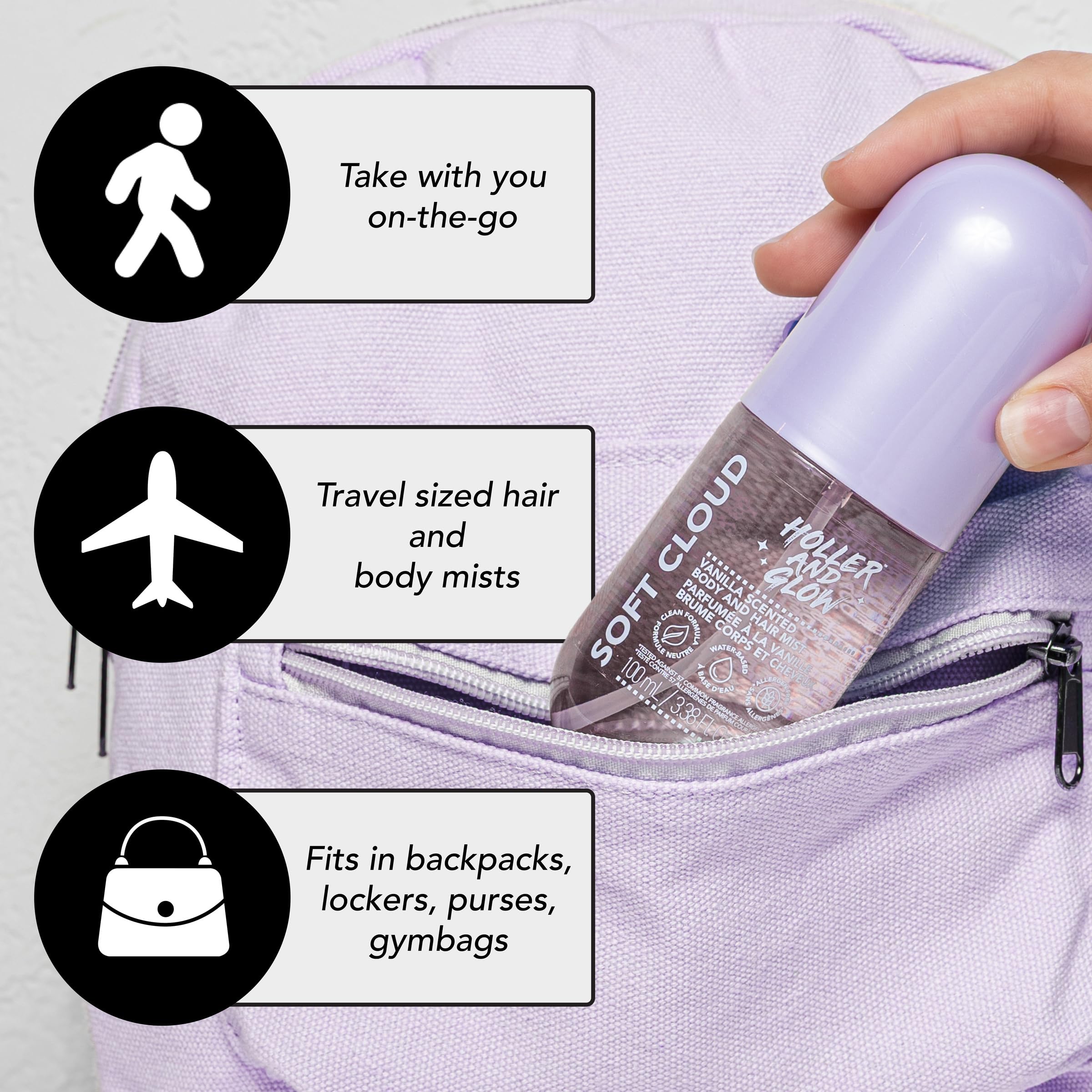 Holler And Glow mist with coconut notes on a light blue background, spa-day ready.