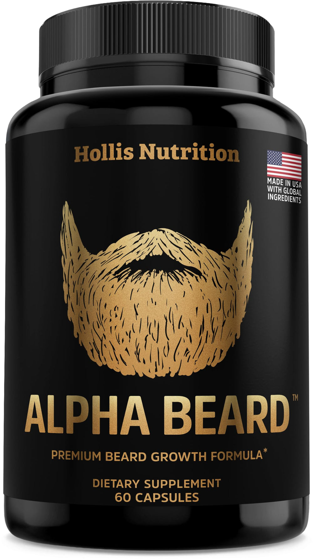 Hollis Nutrition ALPHA BEARD bottle front for daily beard growth support.