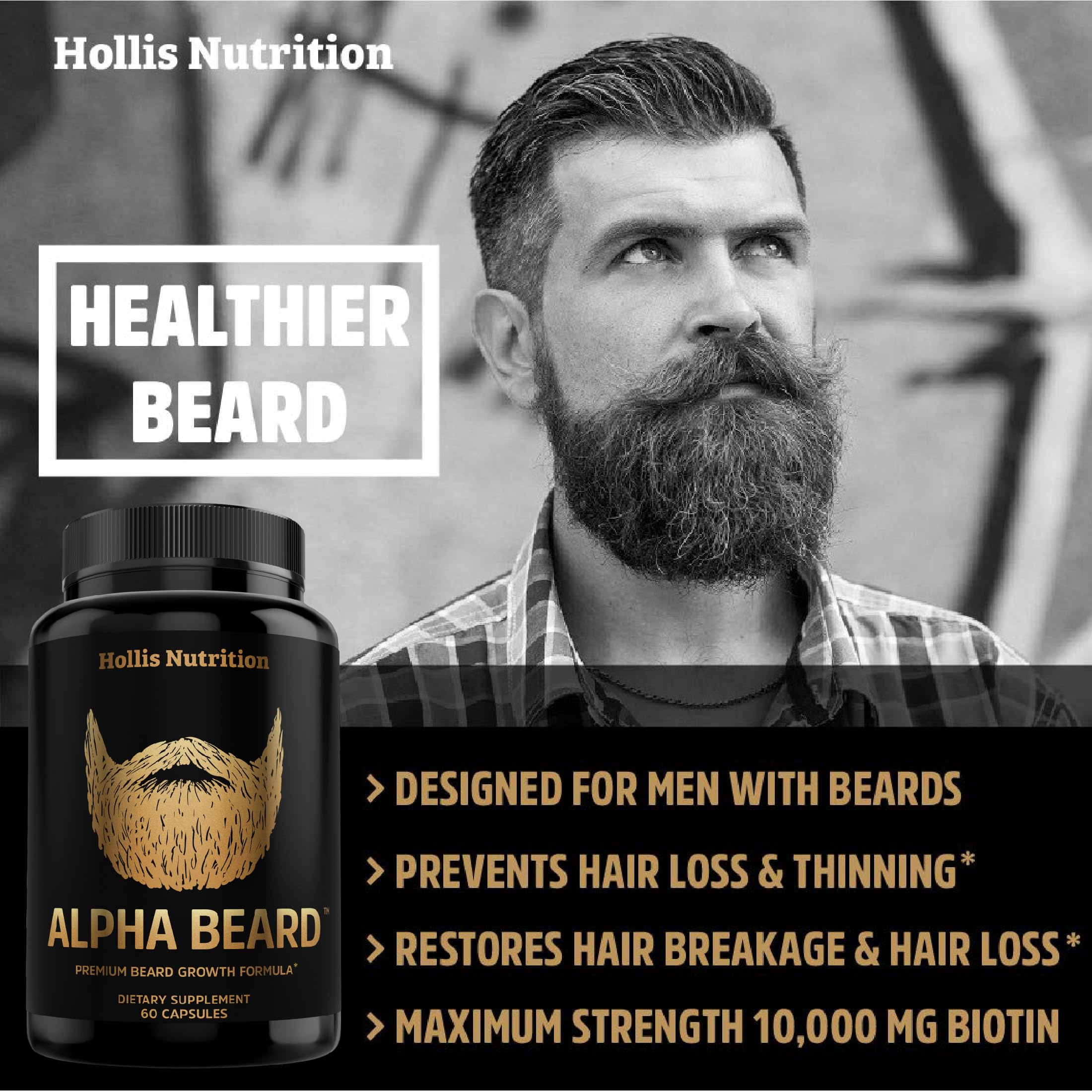ALPHA BEARD packaging highlighting USA-made production and GMP standards.