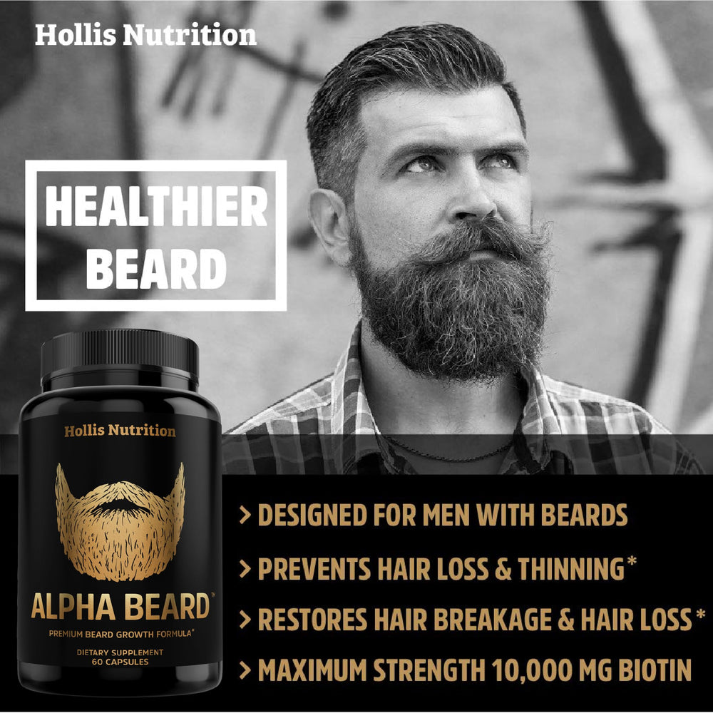 ALPHA BEARD packaging highlighting USA-made production and GMP standards.