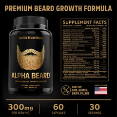 ALPHA BEARD pills close-up showing biotin and collagen for hair nourishment.