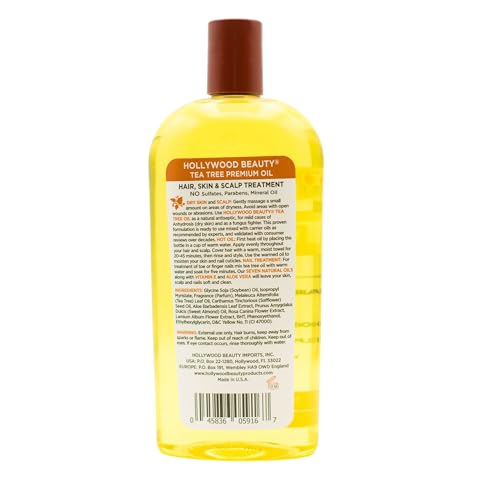 Close-up of Hollywood Beauty Tea Tree Oil label highlighting seven natural oils.