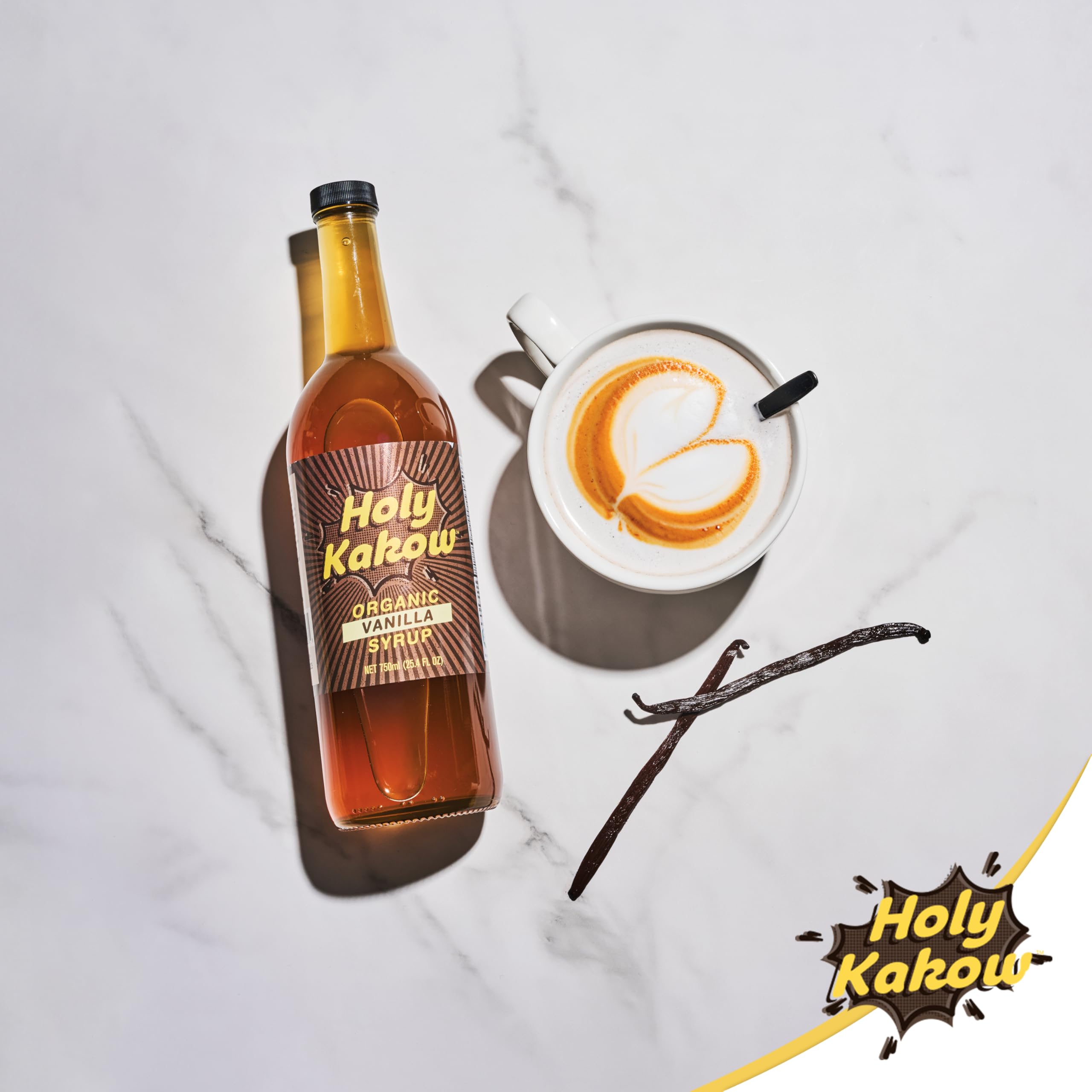 Holy Kakow vanilla syrup labeled bottle communicates small-batch craftsmanship.