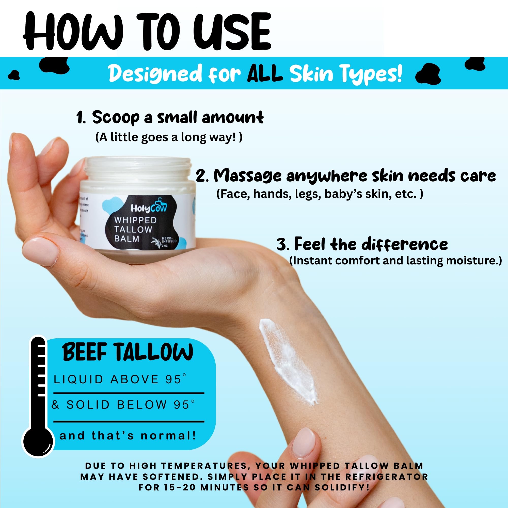 HolyCow balm applied to hand demonstrates smooth absorption.