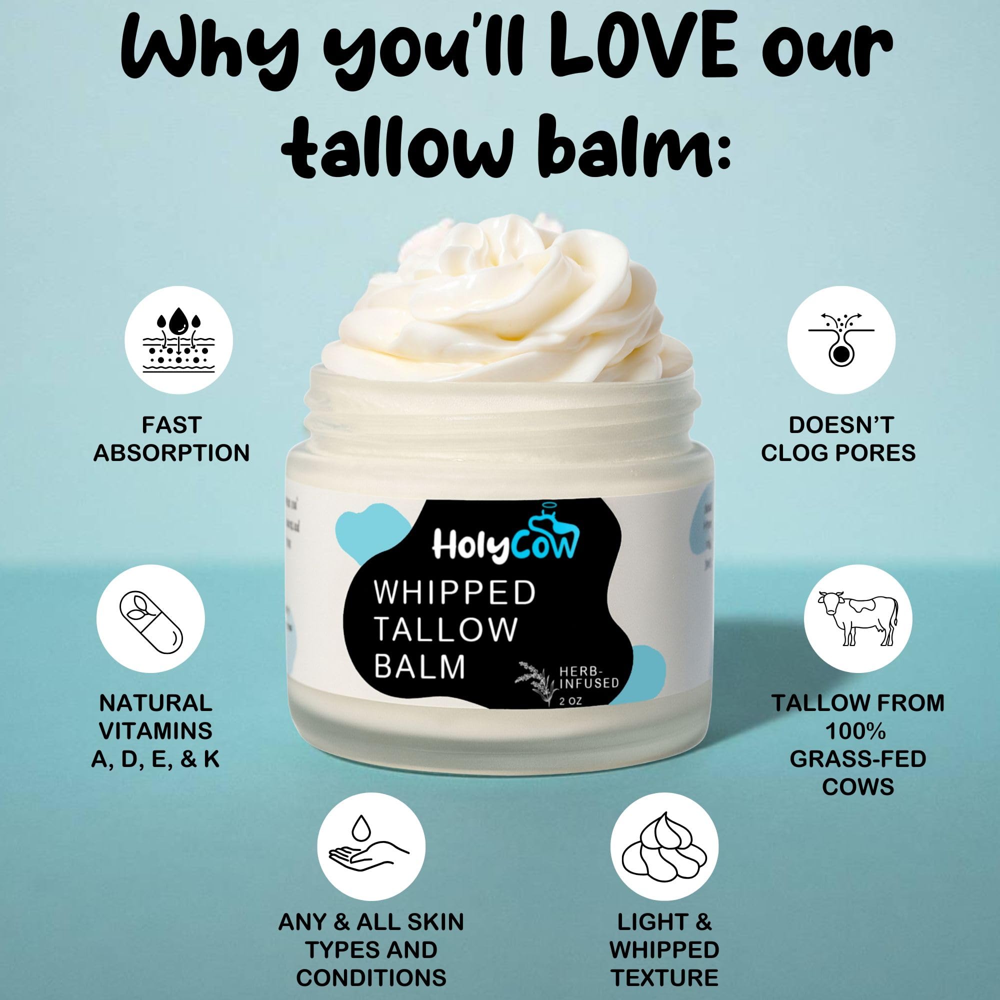 HolyCow tallow balm texture close-up shows creamy hydration.