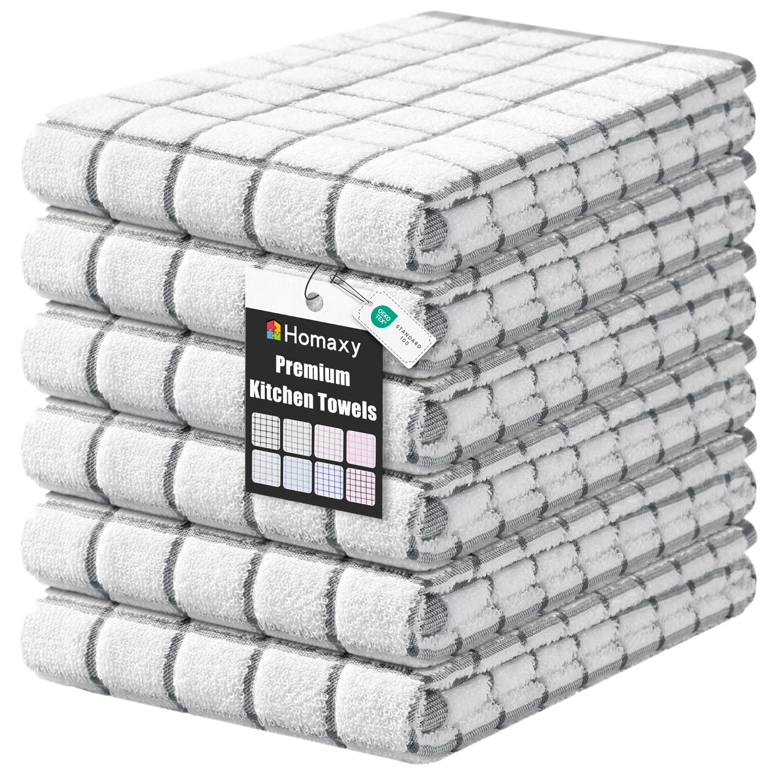 Homaxy Premium Kitchen Towels six-pack with hanging loop for easy drying and storage.