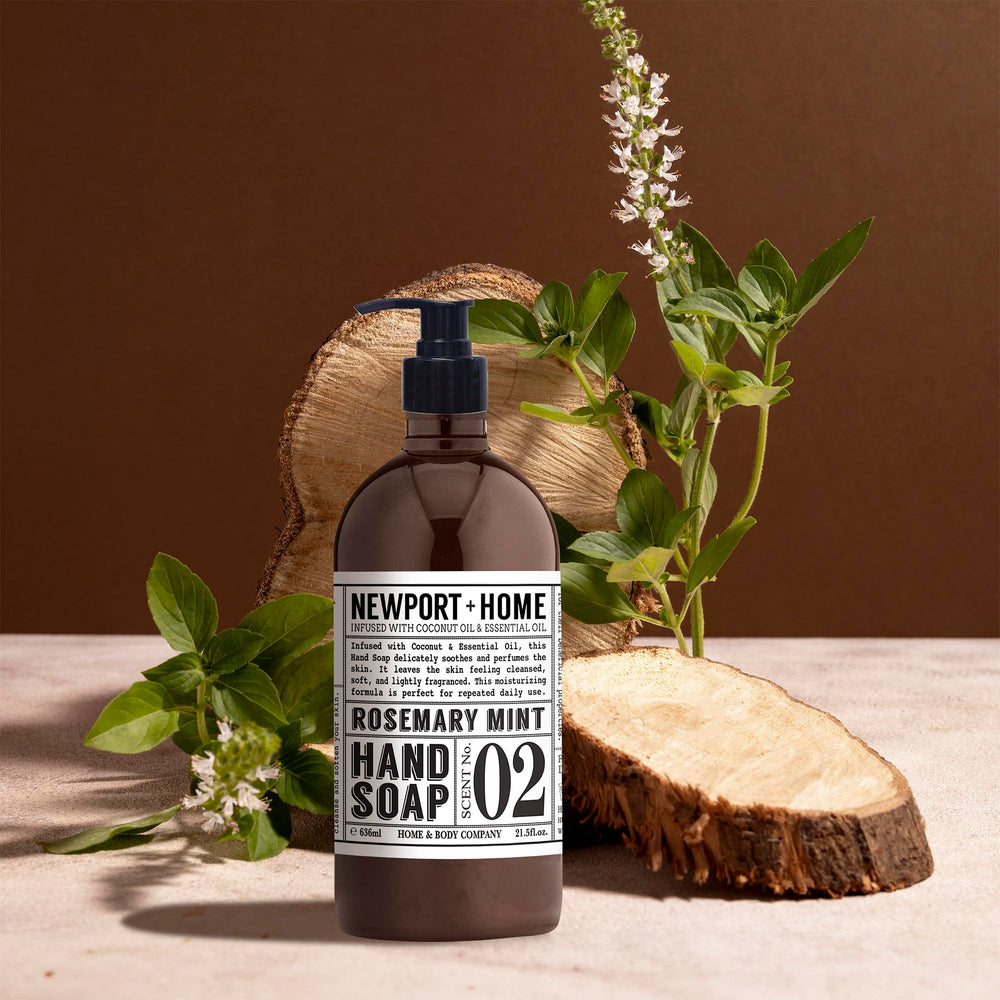 Home and Body Co Newport 4-pack hand soaps on sink for convenient refills and consistent scent.