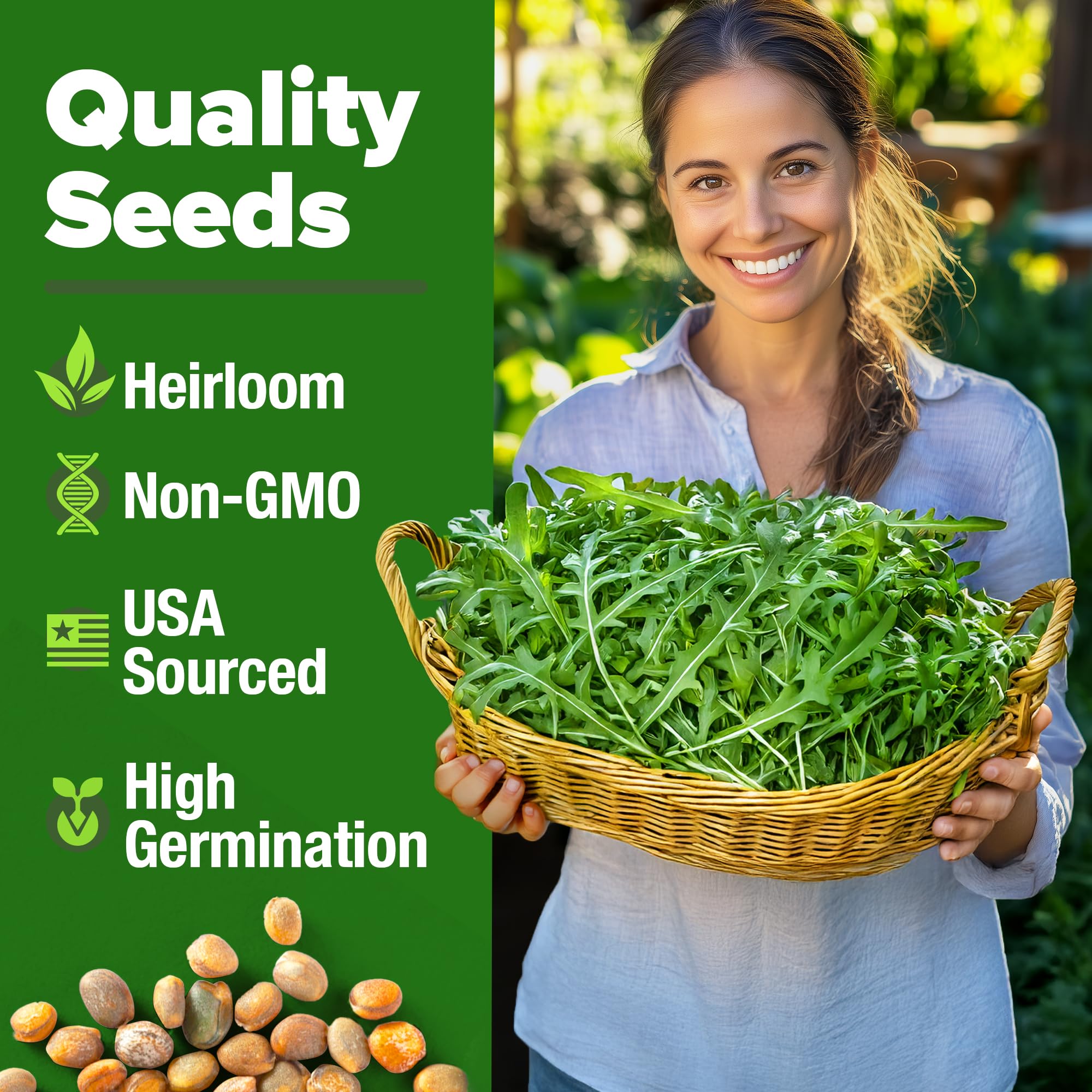 HOME GROWN arugula seeds close-up showing premium quality for easy germination.