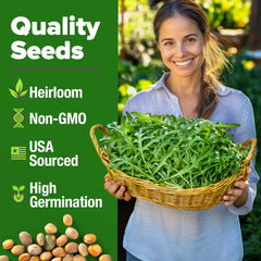 HOME GROWN arugula seeds close-up showing premium quality for easy germination.