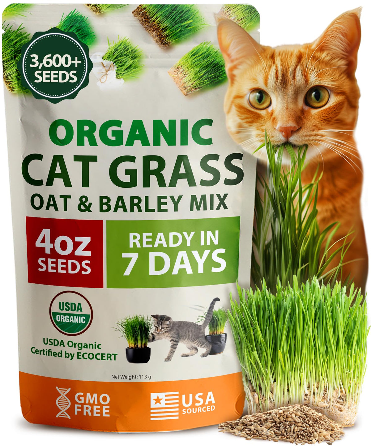 HOME GROWN cat grass seed mix bag label featuring organic oats and barley for indoor greens