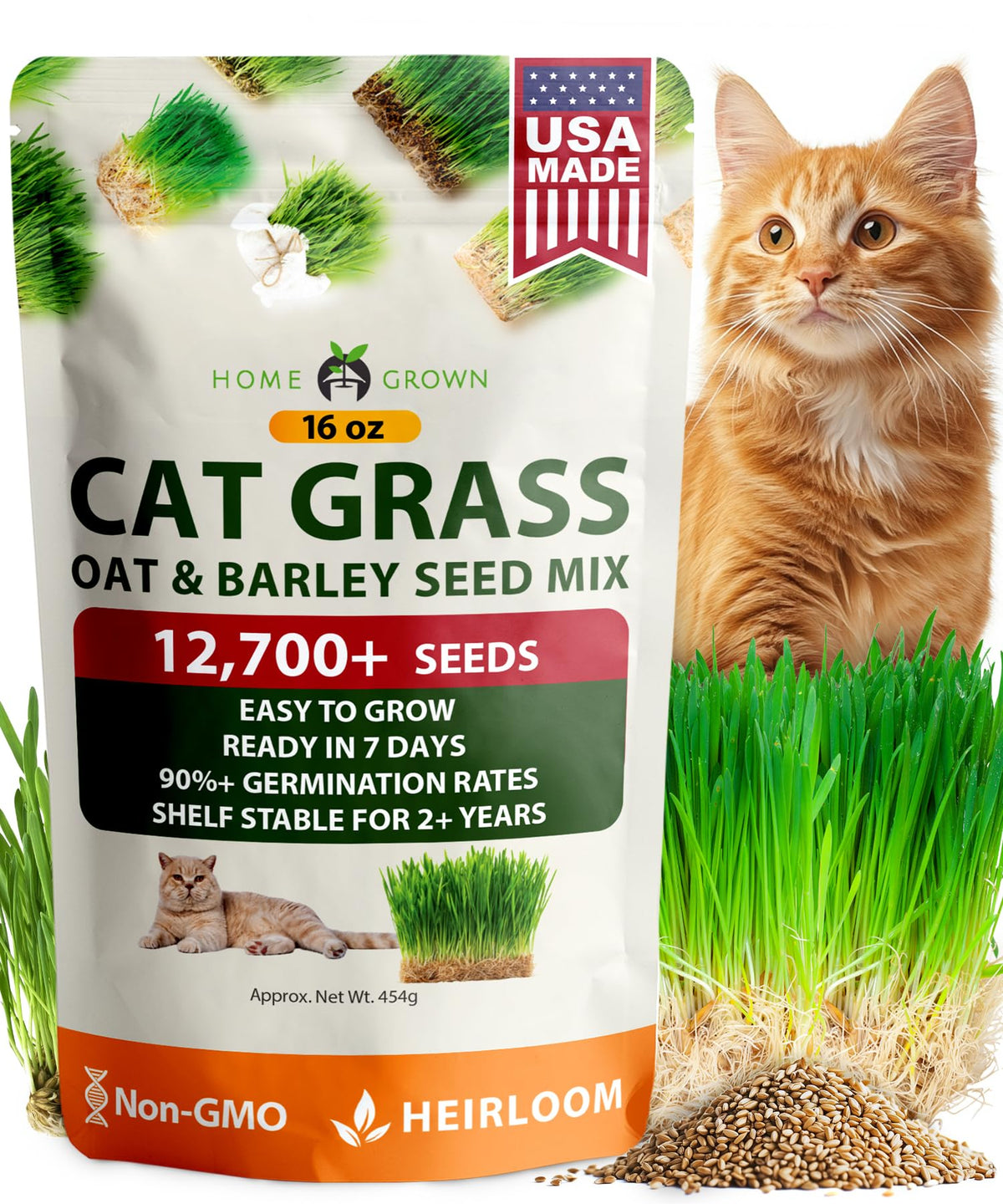 HOME GROWN cat grass seeds packaging for easy home growing.