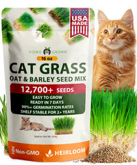 HOME GROWN cat grass seeds packaging for easy home growing.