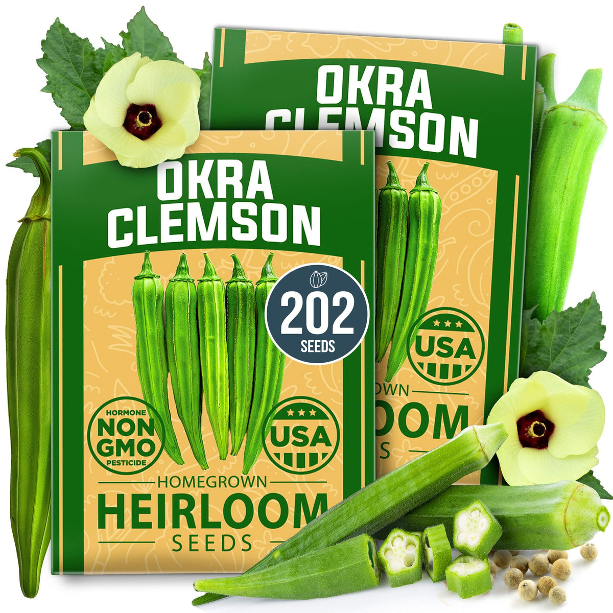 HOME GROWN Clemson Spineless Okra seeds front pack ready for planting and reliable germination