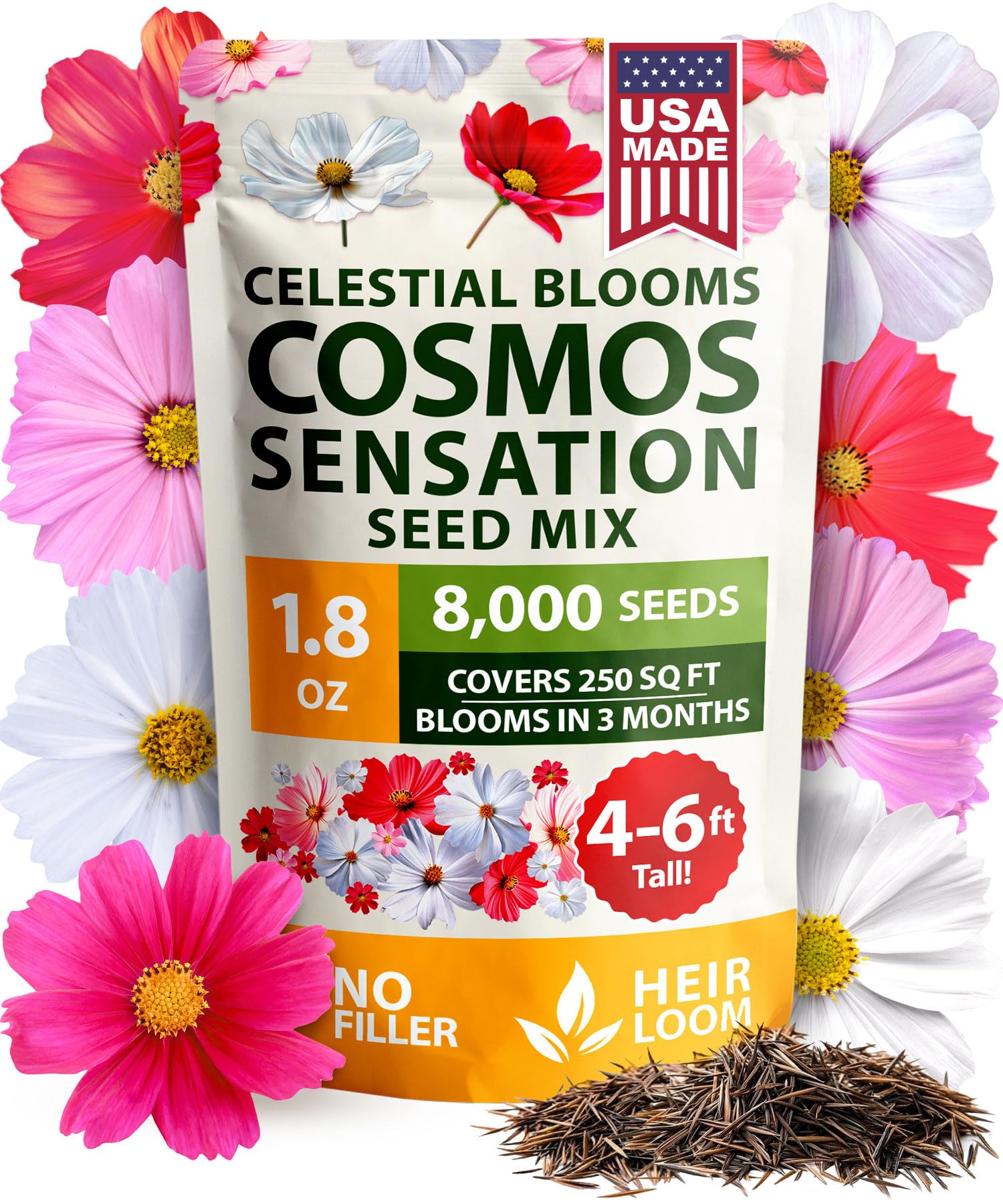 HOME GROWN Cosmos Sensation Mix seed pack viewed from above for a bold garden start
