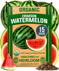 HOME GROWN Crimson Sweet seeds pack highlighting organic heritage and high germination potential.