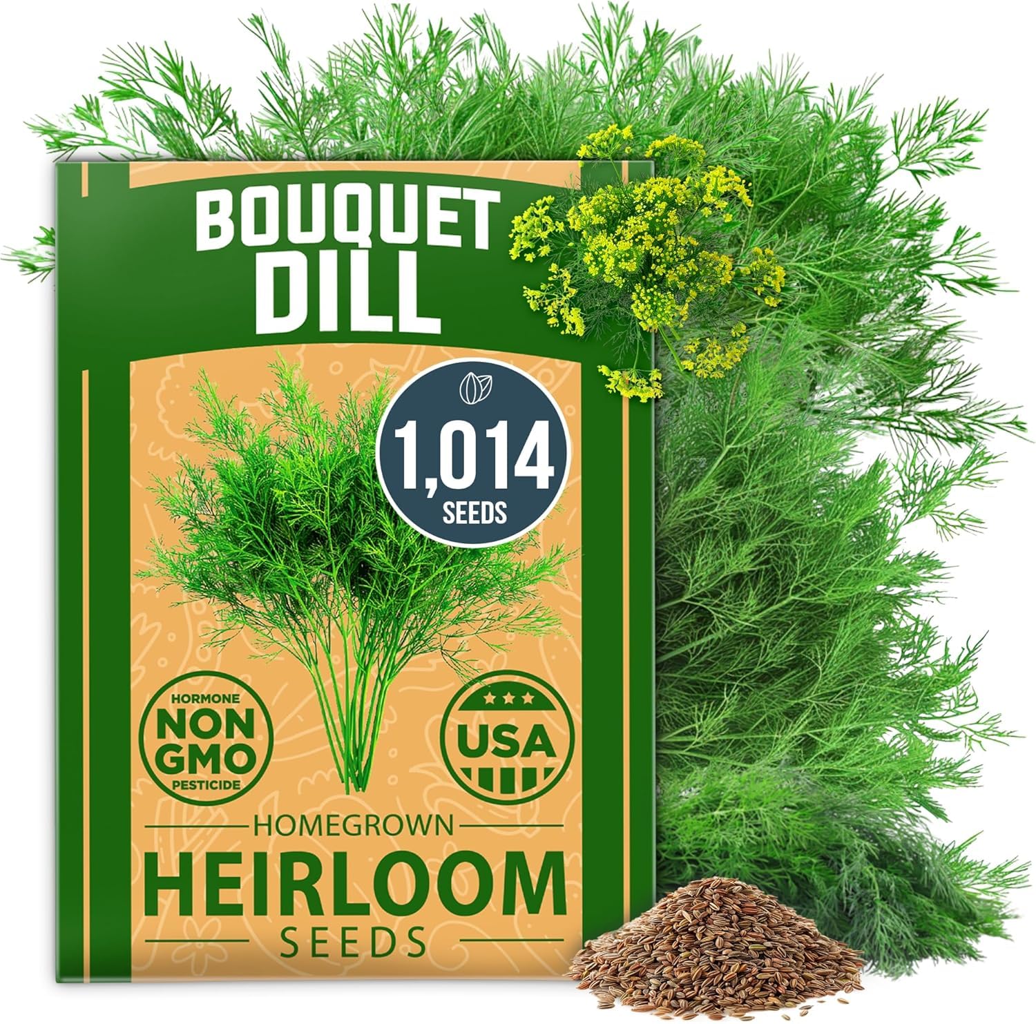 HOME GROWN packaging with 1014 non-GMO dill seeds ready for planting