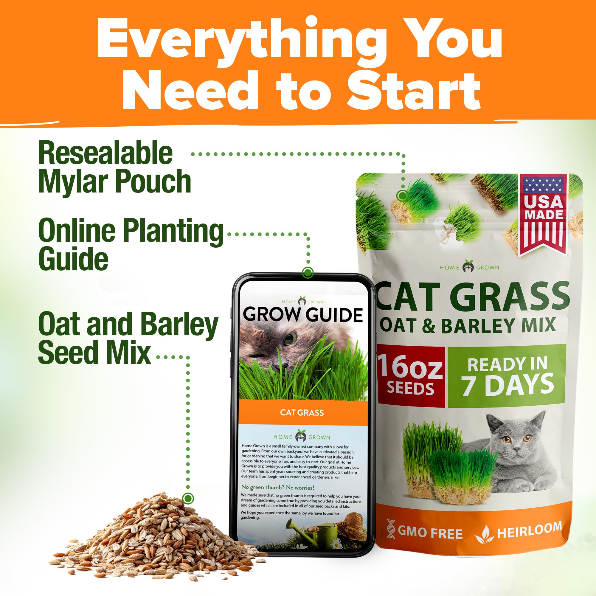 HOME GROWN 100 percent heirloom cat grass seeds in packaging.