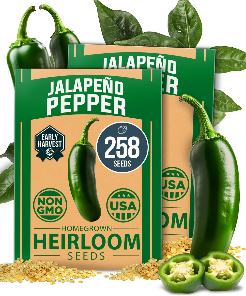 HOME GROWN jalapeno seeds packaging showing 258 high-germination heirloom seeds for reliable starts.