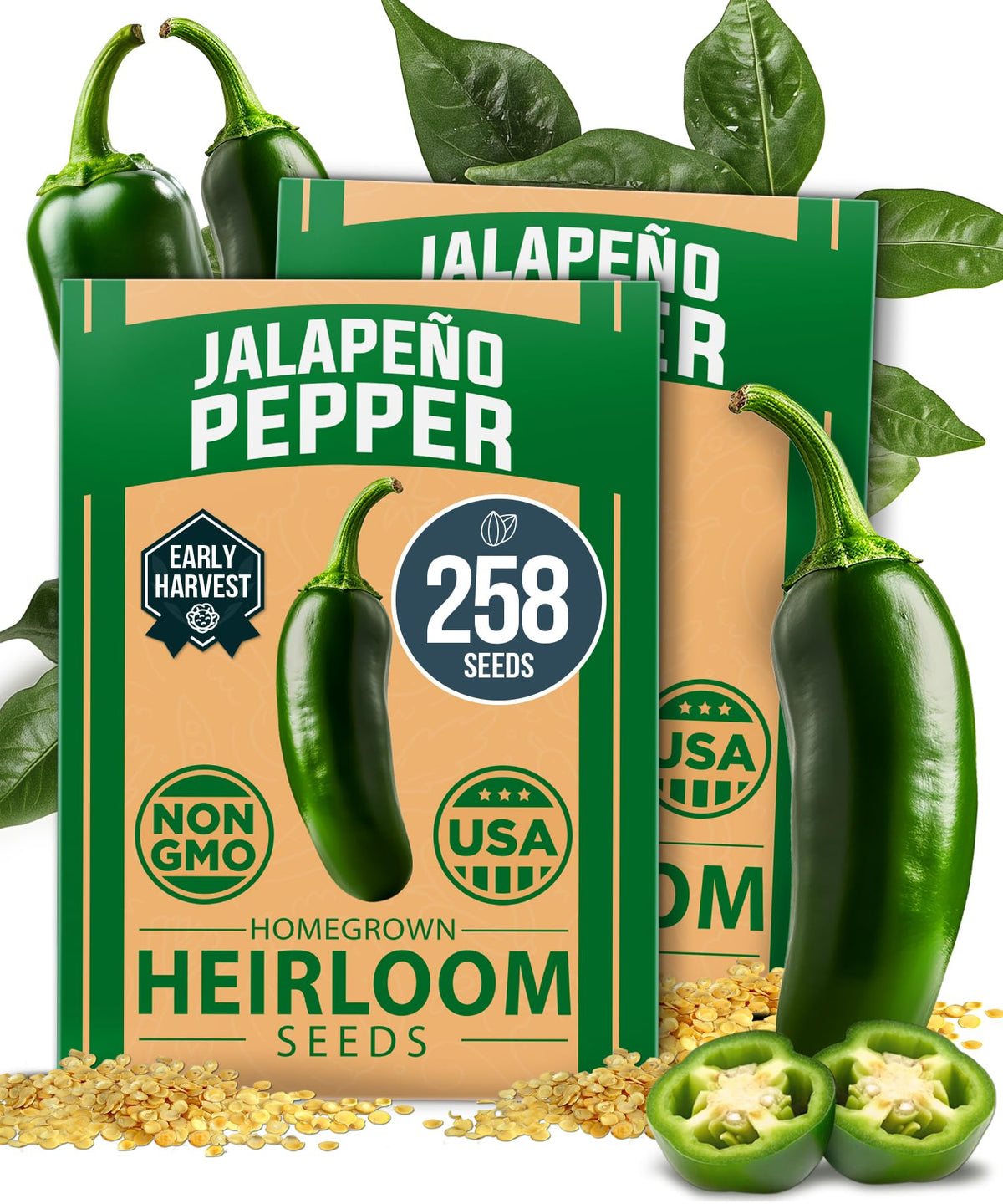 HOME GROWN jalapeno seeds packaging showing 258 high-germination heirloom seeds for reliable starts.