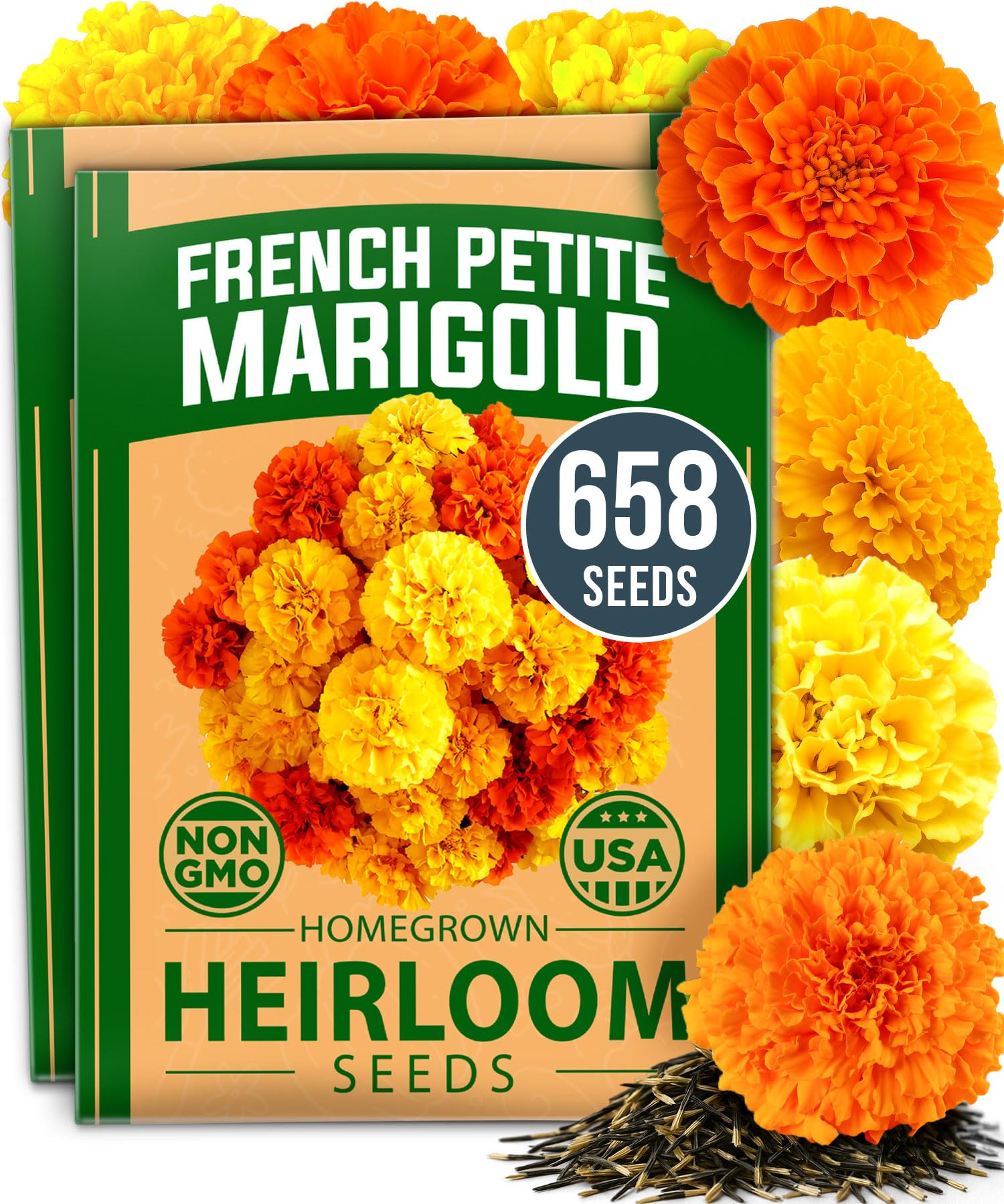 HOME GROWN petite French marigold seeds for sunny borders and containers, compact and versatile.