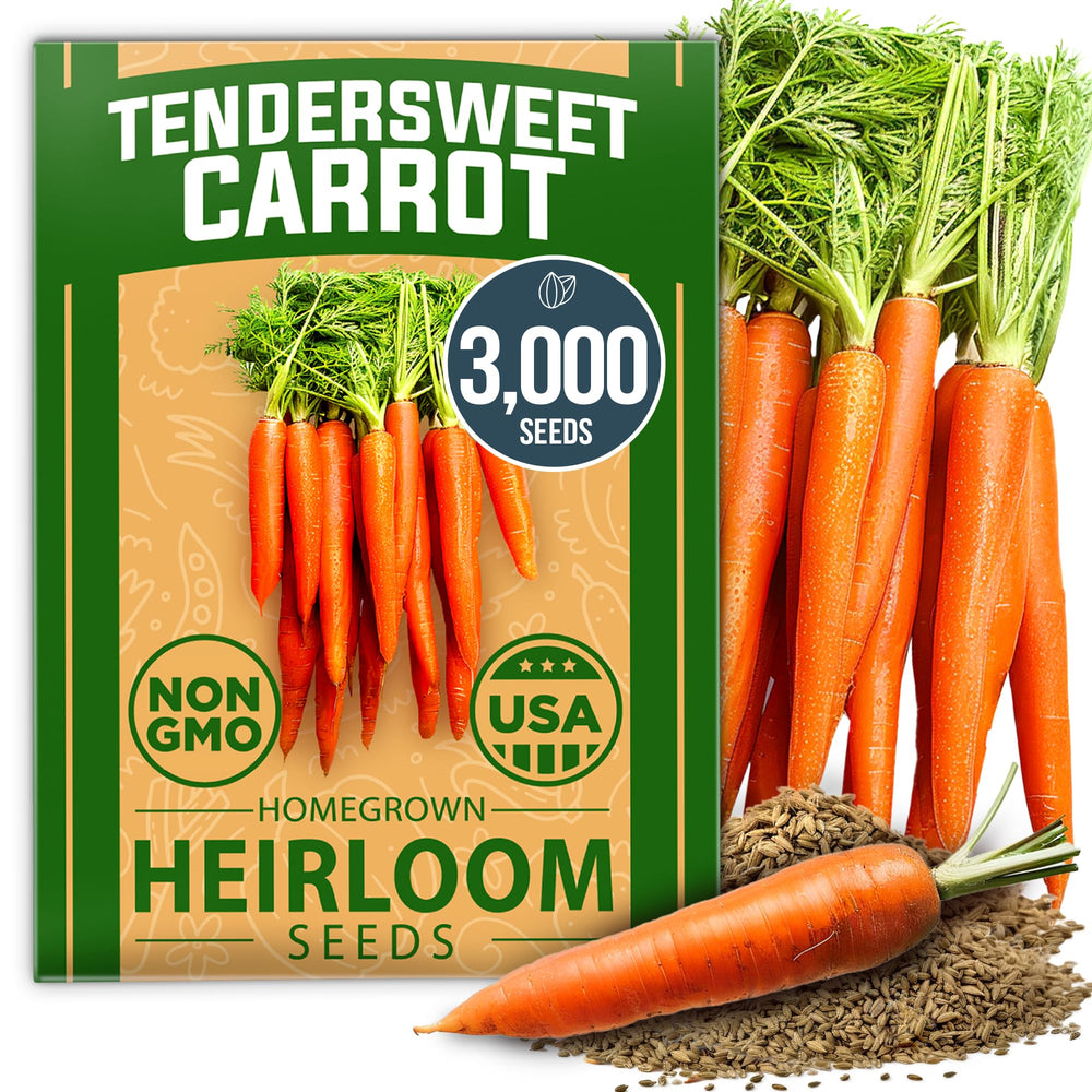 HOME GROWN Tendersweet Carrots Seeds pack front showing heirloom, high-germination seeds for a thriving garden