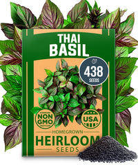 HOME GROWN Thai Basil seeds pack with high germination energy for thriving indoor or outdoor herb beds.