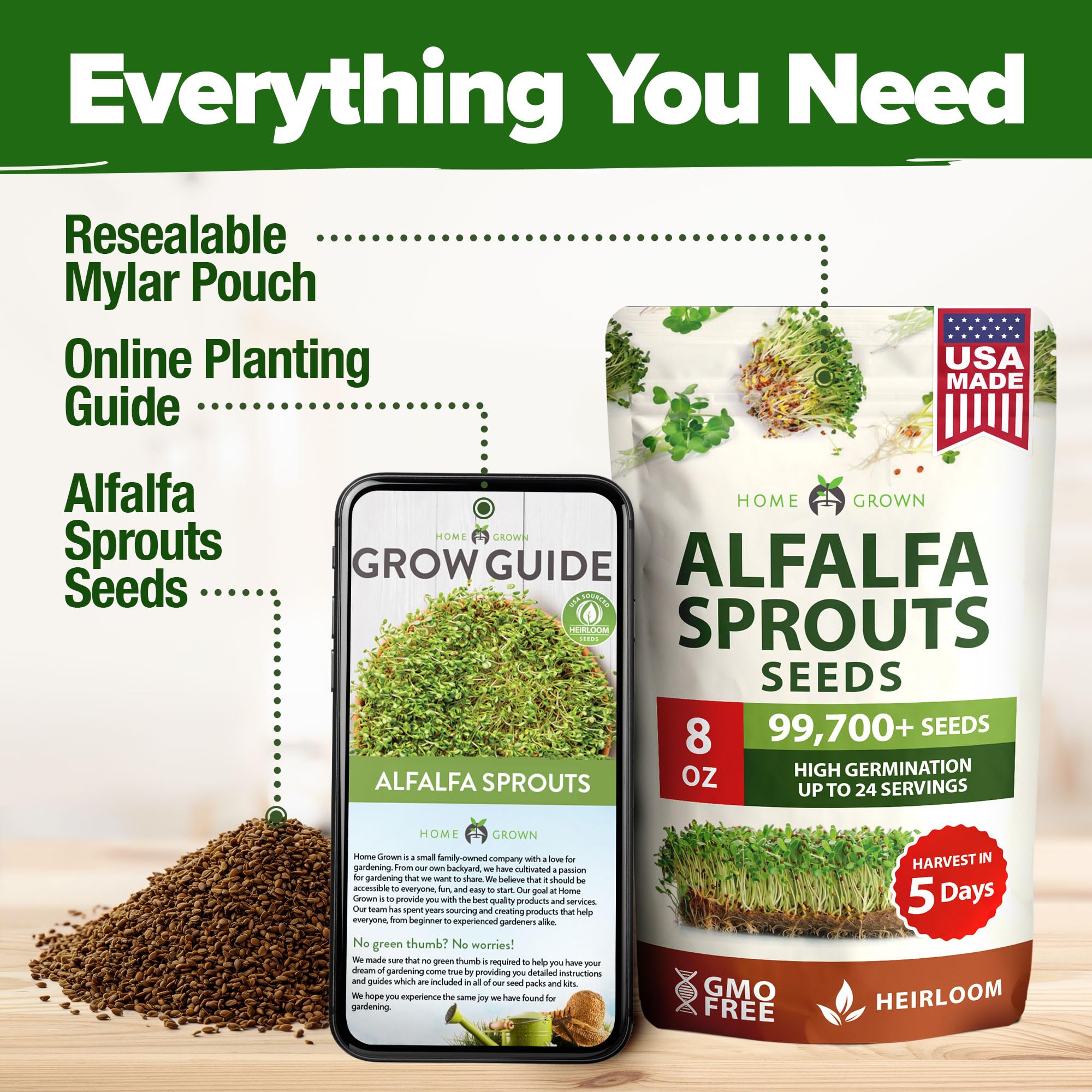 HOME GROWN USA-grown alfalfa seeds ensuring local sourcing.