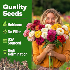 HOME GROWN USA Zinnia Dahlia seeds pack bag scene highlighting 1048 premium seeds for large planting