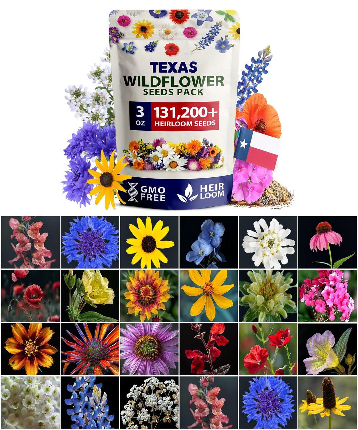 HOME GROWN seed pack front view showing 131200 wildflower mix for vibrant garden color.