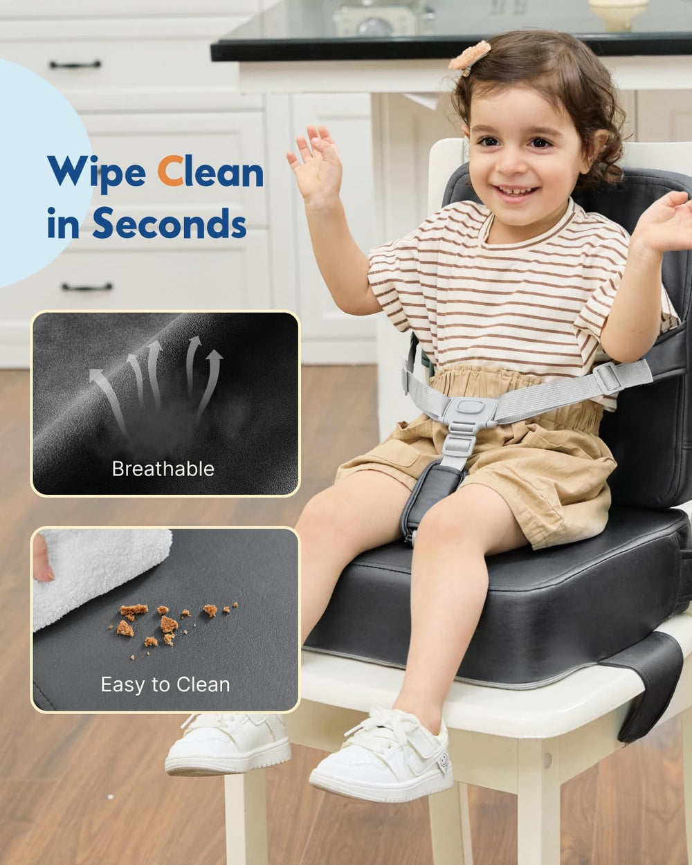 HOMEAL booster seat features waterproof surface for quick cleaning after mess