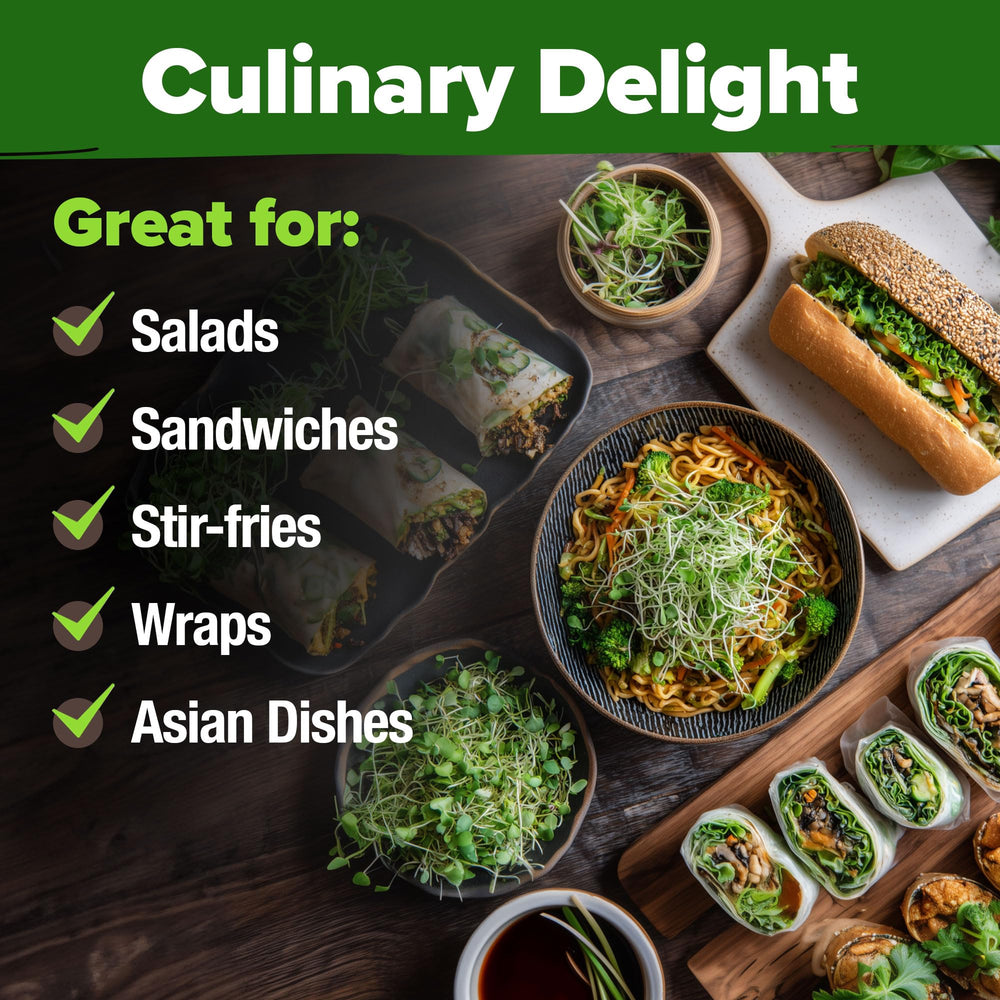 HOME GROWN broccoli-radish-alfalfa-clover mix offers diverse flavors for meals.