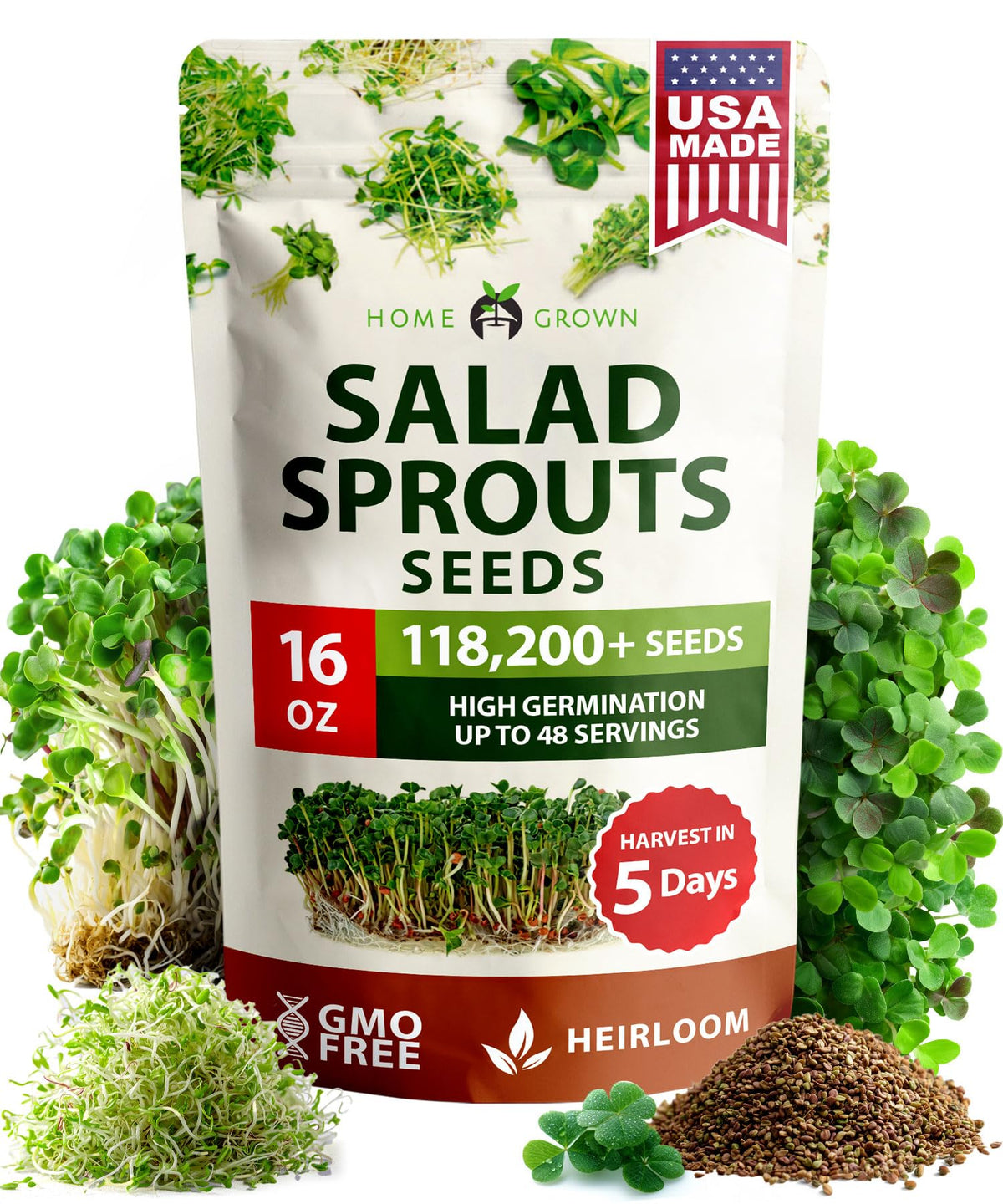 HOME GROWN sprouting seeds mix in resealable pouch for year-round indoor sprouts.
