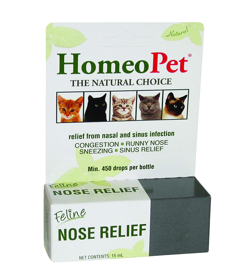 HomeoPet Feline Nose Relief bottle being poured for natural nasal support in cats