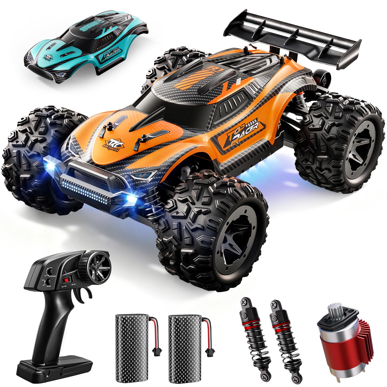 HOMETALL 1:18 RC car front view with shark design for off-road thrills.