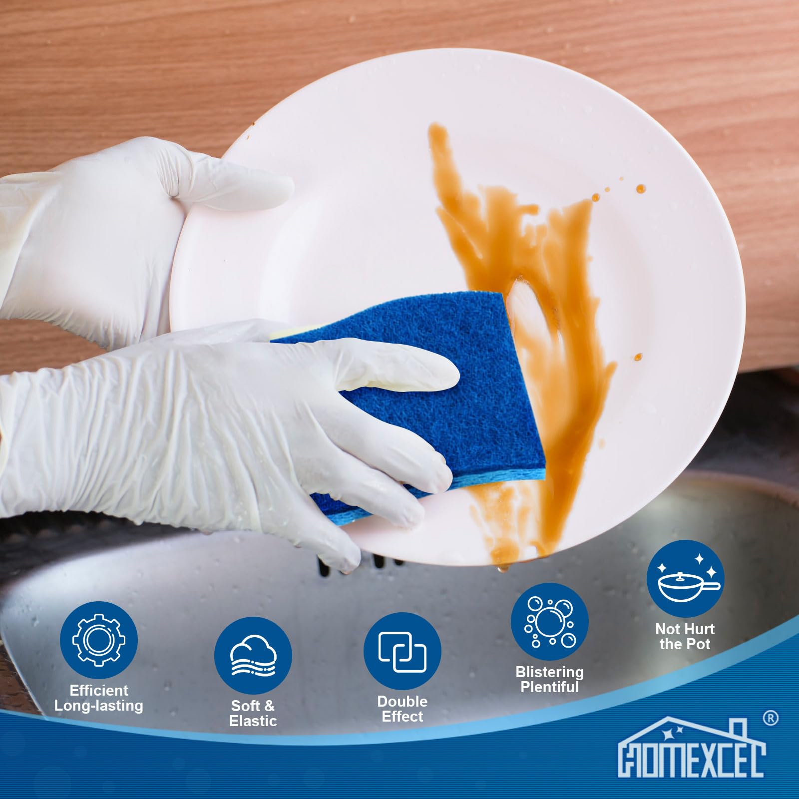 HOMEXCEL dual-sided sponge with absorbent sponge side for quick spill cleanup