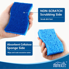HOMEXCEL dual-sided sponge showing scrub side for grease removal on pots