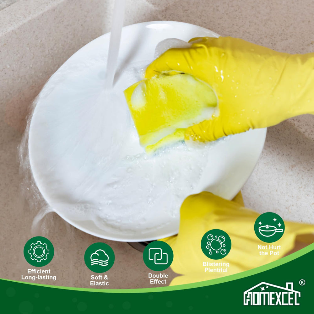 HOMEXCEL dual-sided sponge switches between scrubbing and wiping.